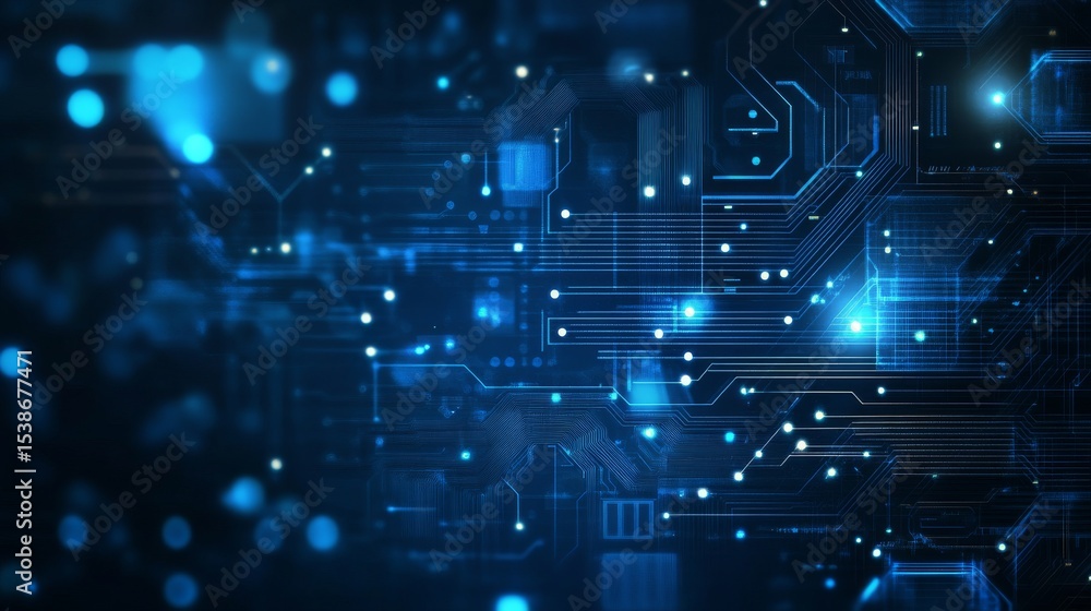 Poster futuristic dark blue technology background with glowing circuit board lines, digital data flow, and 