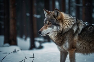 Fototapeta premium Magnificent Wolf Prowling in Snowy Winter Forest Environment Looking to the Side