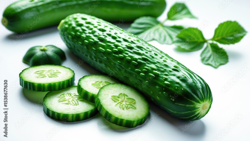 Poster cucumber and cucumber slices isolated on a background for presentation.