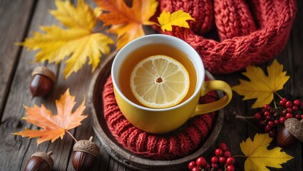 Cup of tea with lemon wrapped in a woolen scarf, a warming beverage for flu and cold, decorated with autumnal leaves, chestnuts, rowan, and alder cones