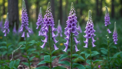 Fototapeta premium Early summer forest scene featuring a common foxglove with stunning purple blooms