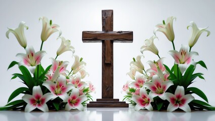 Cross with lilies isolated on white background. Spring setting. Easter, baptism, or first communion theme.