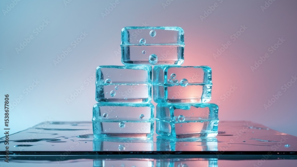 Poster crystal clear ice blocks in a rectangular shape, piled on a reflective mirror surface.