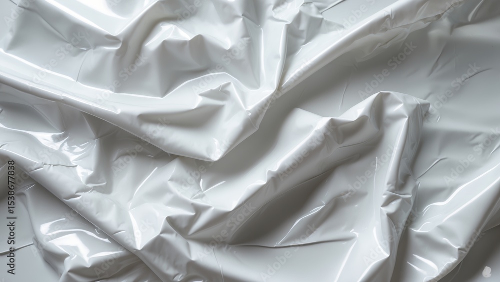 Poster a close-up of a crumpled white plastic sheet with a wrinkled texture, illuminated by soft lighting, 