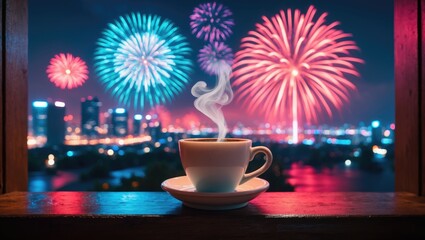 Cup of hot drinks on wooden desk accompanied by celebration fireworks.