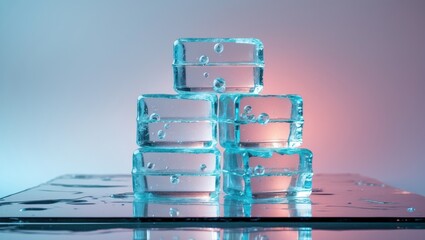 Crystal clear ice blocks in a rectangular shape, piled on a reflective mirror surface.