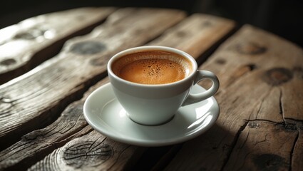 Cup of espresso coffee placed on a rustic wooden background.