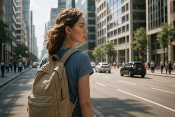 Young caucasian woman with backpack walking in busy urban street scene for modern city life. concept of exploration, city adventure, cosmopolitan lifestyle