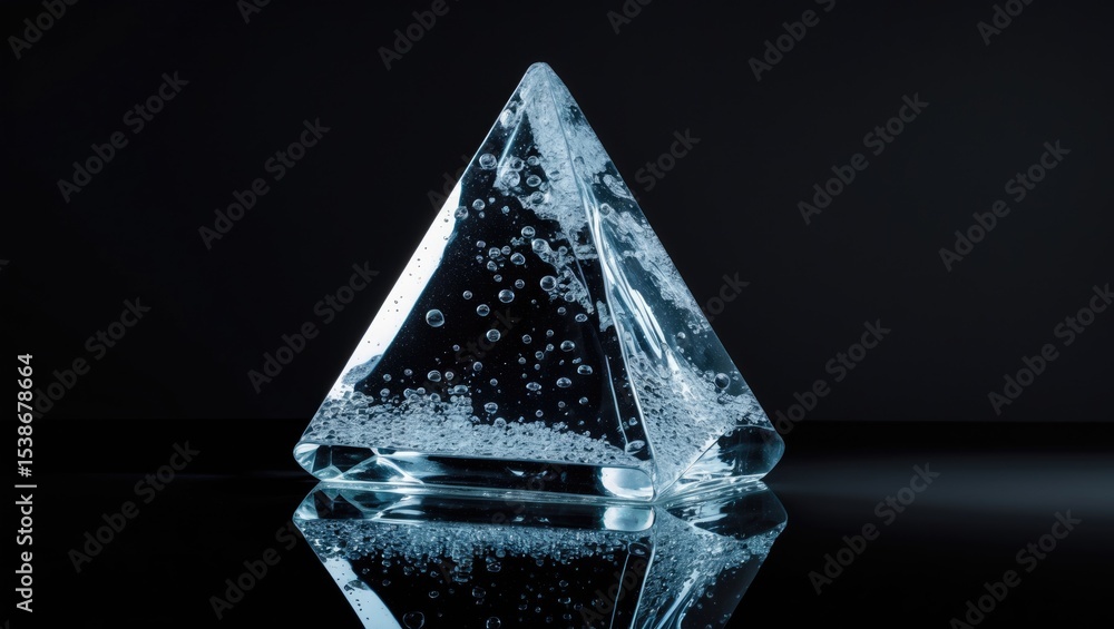Poster crystal clear textured natural triangle ice block on a black background with reflection.