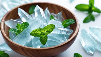 Crystal menthol in a wooden bowl and fresh peppermint leaf on top against a white background.