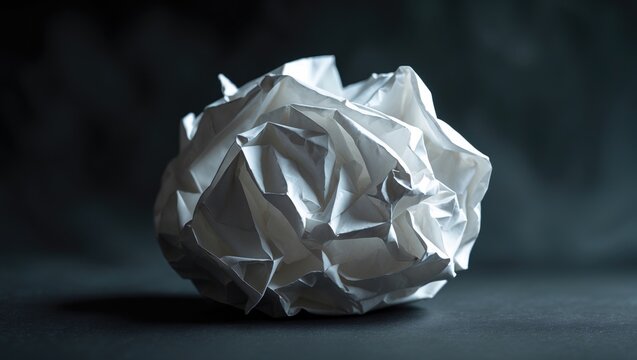 A white paper ball in crumpled form set against a dark background. The image emphasizes the textures and folds of the paper, representing waste, errors, or recycling.