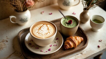Cup of matcha latte, cappuccino with intricate cream latte art, and cupcake on wooden coffee shop table. Side perspective