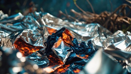 Close-up of crumpled silver foil, showing foil texture, background image.