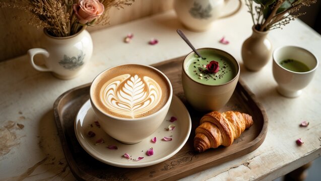 Cup of matcha latte, cappuccino with intricate cream latte art, and cupcake on wooden coffee shop table. Side perspective