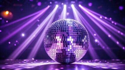 Obraz premium Disco ball radiating bright purple rays against a night party background photograph