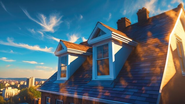 Dormer installation on the rooftop of an apartment house.