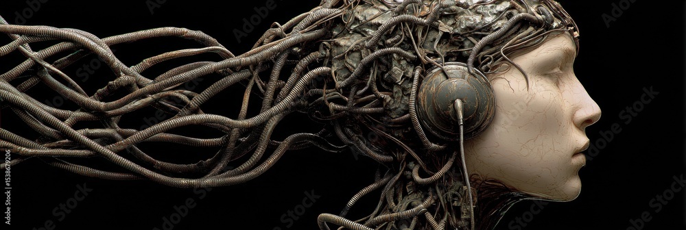 Poster surreal representation of tangled headphones illustrating the complexity of human nerves and emotion