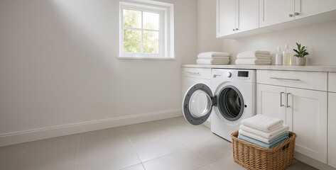 Modern laundry space with minimalist design featuring washing machine, elegant cabinets, and soft natural light for efficient household chores concepts, Wide banner, copy space