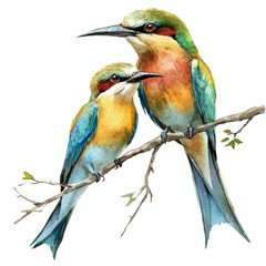 A Mother Bee-eater With Her Kid, watercolor painting vector, isolated on a white background.