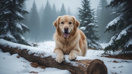 Retriever in a snowy forest with a dog. Pet amidst winter nature. The dog places its paws on a log.
