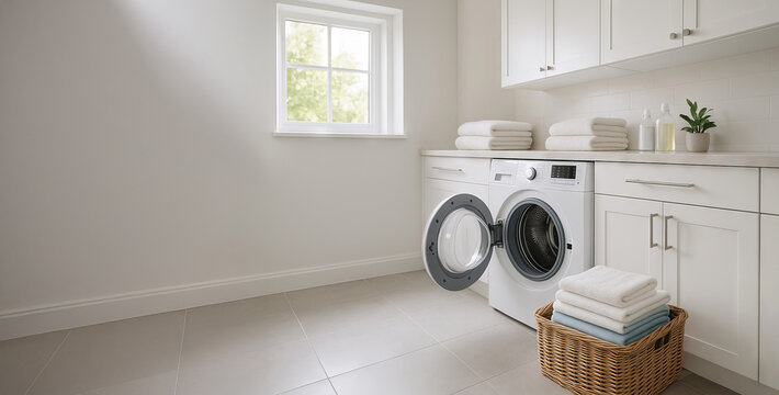 Modern laundry space with minimalist design featuring washing machine, elegant cabinets, and soft natural light for efficient household chores concepts, Wide banner, copy space