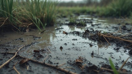 Close-up texture of mud in a dirty puddle.