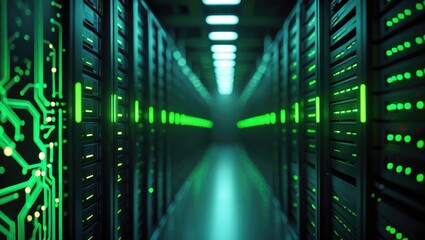 Digital circuit image displayed over servers in a data center. Technology, networking, computer, infrastructure, security, connectivity.