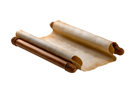 Ancient scroll unrolled on a transparent background for study