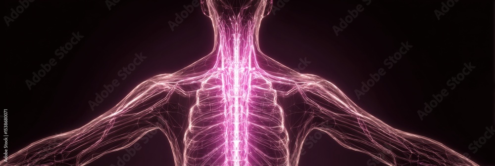 Poster stylized wireframe depiction of a human body focusing on the illuminated nervous system in a dark se