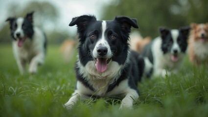 Fototapeta premium Young dog puppy training, black and white sheepdog, training dog, canine training, puppy, puppy training, sheepdog, dog