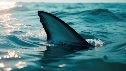 Fototapeta premium Dorsal fin of great white shark, Carcharodon carcharias, gliding at the surface near the Neptune Islands, South Australia