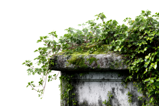 Overgrown rock wall with lush greenery on a clear backdrop