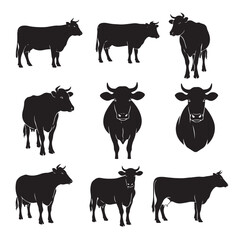 Nine Black and White Cow Silhouettes in Farm Animal Line Art Style for Agricultural and Dairy Industry Icon Collection