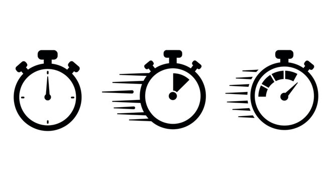 Black stopwatch icons illustrating speed and time measurement for design and print vector illustration