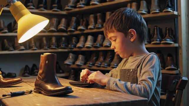 Young cobbler crafting leather boots in workshop