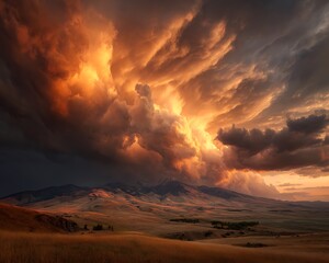 Orange storm clouds gathering over ancient steppe in volcanic light
