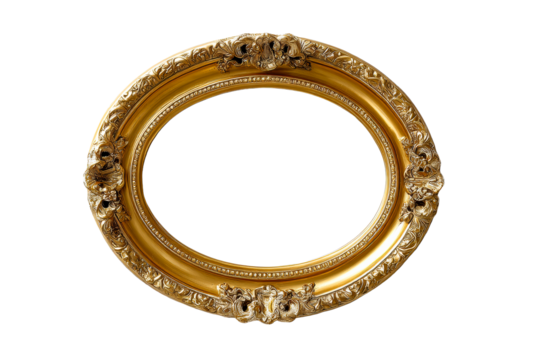Ornate golden mirror with oval shape and intricate design