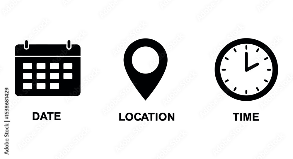 Poster date location time icons for event planning and scheduling design vector illustration