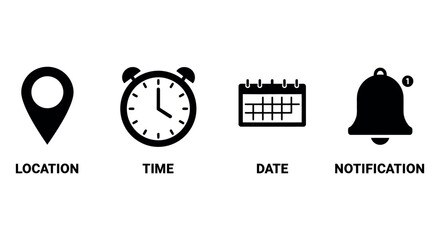 Essential icons for location, time, date, and notification concepts vector illustration