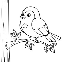 Cute cartoon birds on a tree branch, a floral vector illustration of nature's love in spring blossom. coloring book