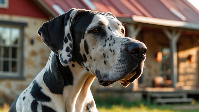 Female hands caressing a black and white Harlequin Great Dane.