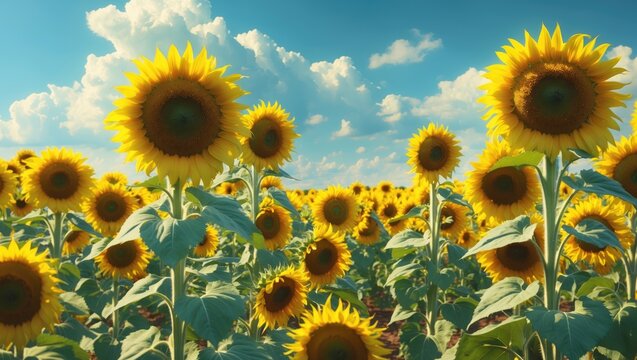 Sunflower field with vibrant yellow flowers under a bright blue sky. - Powered by Adobe