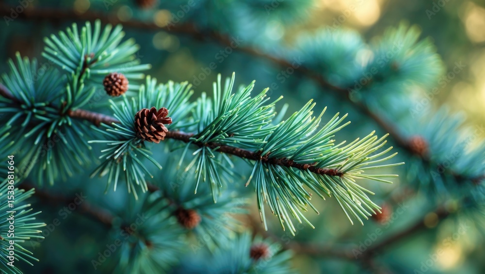Poster close-up of a fluffy fir tree branch with shallow focus. green color.