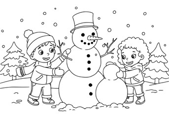 Cartoon children playing in the snow with a snowman, having fun during the winter holiday season. coloring book