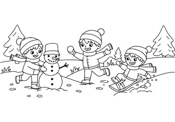 Cartoon children playing in the snow with a snowman, having fun during the winter holiday season. coloring book