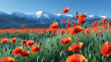 Obraz premium Field of red poppy flowers on a bright sunny day. In the distance, snow-capped mountains are visible. Stunning spring scenery.