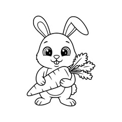 Adorable cartoon bunny vector illustration of a happy baby rabbit with an carrot, perfect for a fun coloring book