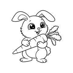Adorable cartoon bunny vector illustration of a happy baby rabbit with an carrot, perfect for a fun coloring book