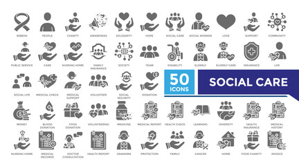 Social care solid icon set collection. This set includes charity, solidarity, community, public service, disability, elderly and more icons in solid style. Vector icons collection for infographics