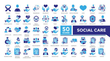 Social care icon solid two color set collection. This set includes charity,solidarity,community,public service,disability,elderly and more icons in solid style. Vector icons collection for infographic